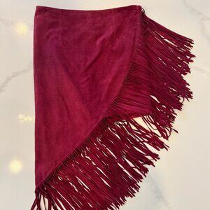 INTERMIX Burgundy Asymmetrical Suede Fringe Skirt Small